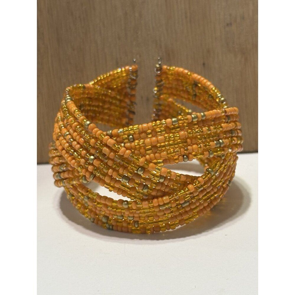 Beaded Braided Orange Gold ￼ memory wire Cuff Statement bracelet